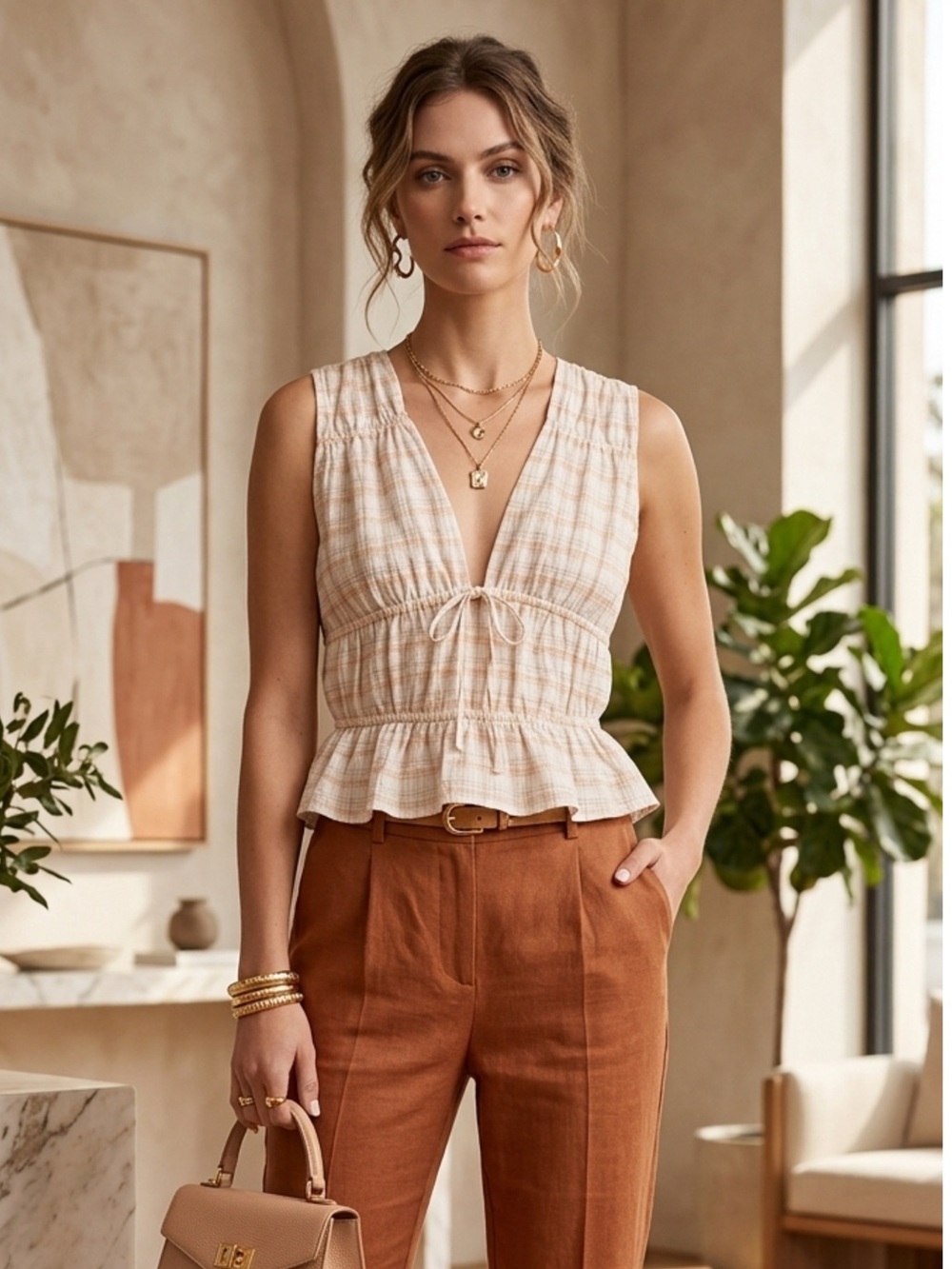 Treasure & Bond Ivory Honey Plaid Shirred V-Neck Sleeveless Top Small